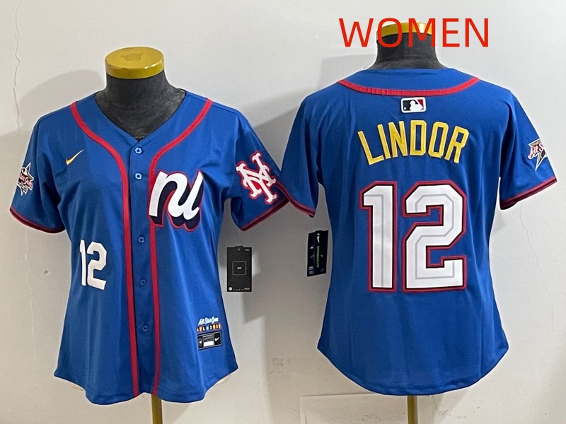 Women  2025 New York Mets #12 Lindor Blue All star Nike MLB Jersey style 003